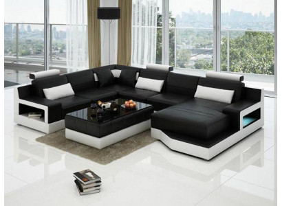 Skórzana sofa Narożnikowa kanapa + USB Ustawić Żywy krajobraz Podkładka Funkcja łóżka Nowy projekt