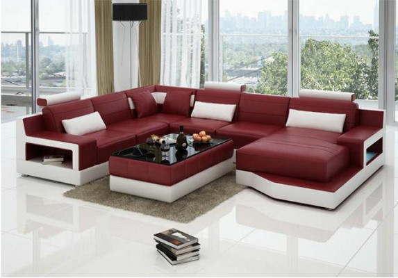 Skórzana sofa Narożnikowa kanapa + USB Ustawić Żywy krajobraz Podkładka Funkcja łóżka Nowy projekt