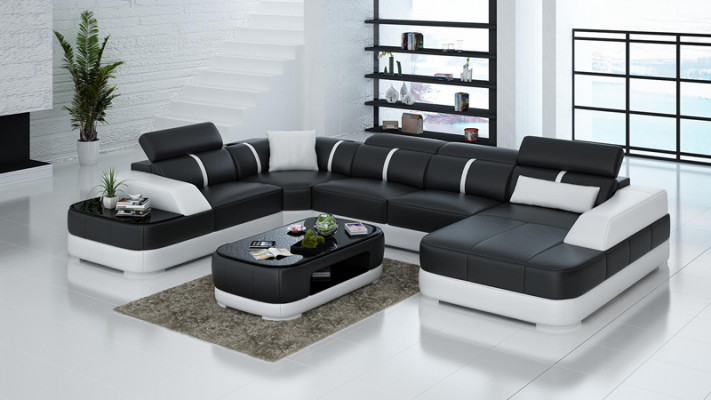 Żywy krajobraz Designer Sofa z USB Big Podkładka Skóra Sofy Narożnik Siedziba Black