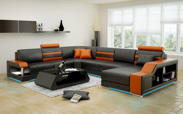 Designerska sofa Narożnikowa kanapa Żywy krajobraz z Półką Podkładka Siedziba Ustawić skórzaną sofę USB