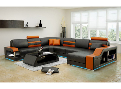 Designerska sofa Narożnikowa kanapa Żywy krajobraz z Półką Podkładka Siedziba Ustawić skórzaną sofę USB