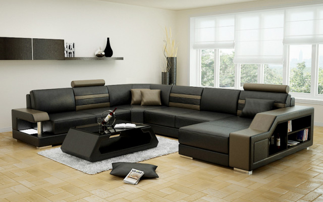Designerska sofa Narożnikowa kanapa Żywy krajobraz z Półką Podkładka Siedziba Ustawić skórzaną sofę USB