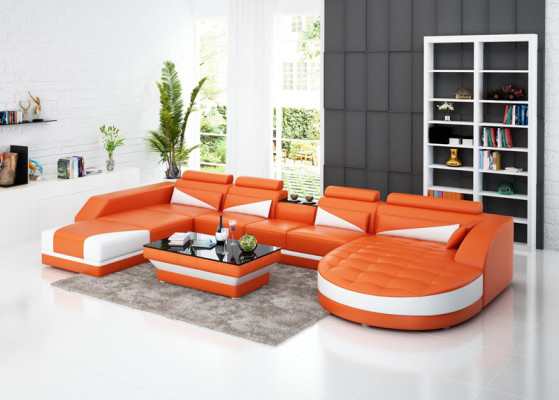 Skórzana sofa kanapa Żywy krajobraz Narożnikowa kanapa Ustawić Design Nowoczesna Sofa USB Pomarańczowa