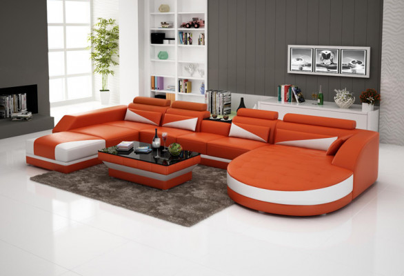 Skórzana sofa kanapa Żywy krajobraz Narożnikowa kanapa Ustawić Design Nowoczesna Sofa USB Pomarańczowa