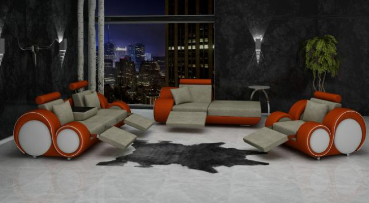 Sofa Ustawić Skórę & Materiał Włókienniczy + USB,Zestaw sofowy 3+Szezlong+1 ​​Żywy krajobraz