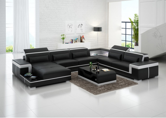 Design Narożnik Sofa + Podkładka USB Narożnik Skóra Siedziba Kanapy Żywy krajobraz XXL Kształt U