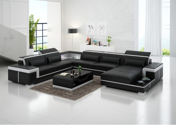 Design Narożnik Sofa + Podkładka USB Narożnik Skóra Siedziba Kanapy Żywy krajobraz XXL Kształt U
