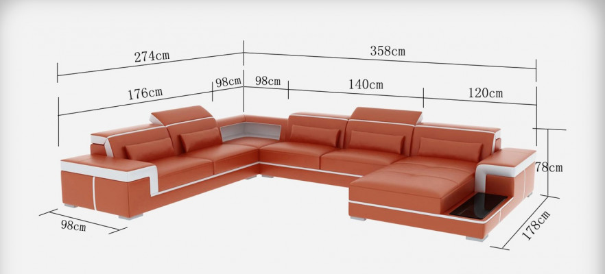 Design Narożnik Sofa + Podkładka USB Narożnik Skóra Siedziba Kanapy Żywy krajobraz XXL Kształt U
