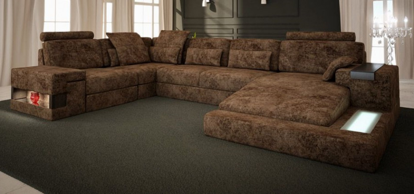 Narożnikowa kanapa Kształt U Couch Design Podkładka Włókiennicza Nowa funkcja łóżka Żywy krajobraz Materiał