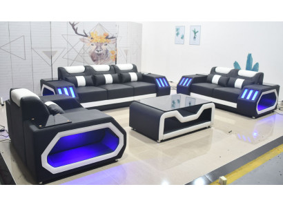 Zestaw sofowy Zestaw Sofowy 3+2+1 + Tabela Skórzana Sofa Siedziba Podświetlana Podkładka Design