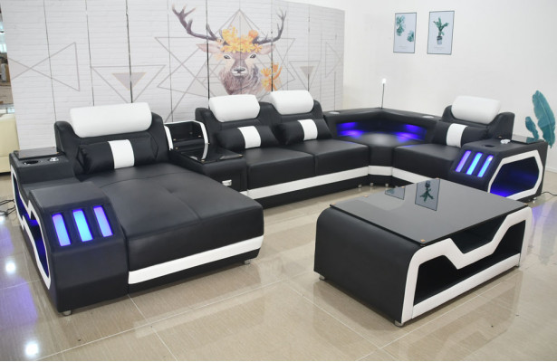 Skórzana sofa sofa + stolik kawowy Podkładka Skóra Design Narożnikowa kanapa Couch Żywy krajobraz