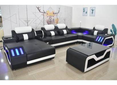 Skórzana sofa sofa + stolik kawowy Podkładka Skóra Design Narożnikowa kanapa Couch Żywy krajobraz
