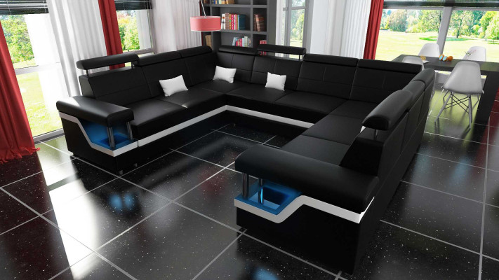 Skórzana sofa z USB Big XXL Couch Narożnikowa kanapa Żywy krajobraz Couch Podkładka Siedziba LED