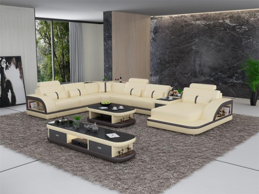 Zestaw sofowy + USB Luksusowa Designerska Kanapa Podkładka 3+2+1 Skóra Sofa Siedziba Beżowa NOWOŚĆ
