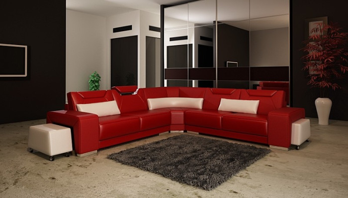 Skóra Modern Couch Żywy krajobraz Skórzana sofa Zestaw sofowy Sofa w kształcie litery L stolik kawowy