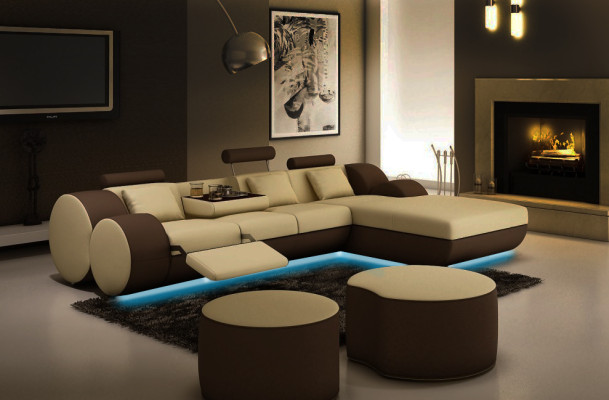 PROJEKTANT SKÓRZANA SOFA Ustawić z USB,Skóra Narożnikowa kanapa Żywy krajobraz SKÓRZANA SOFA