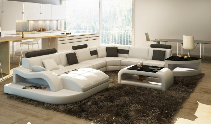 Wielofunkcyjna duża skórzana sofa XXL z USB, Narożnik Żywy krajobraz Narożnikowa kanapa Podkładka
