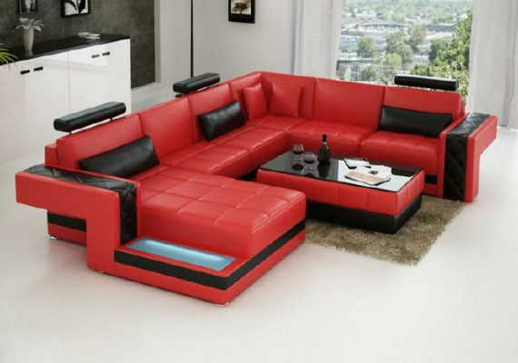 Designerska skórzana sofa Narożnikowa kanapa narożnik Podkładka sofa Narożnik USB + LED Żywy krajobraz