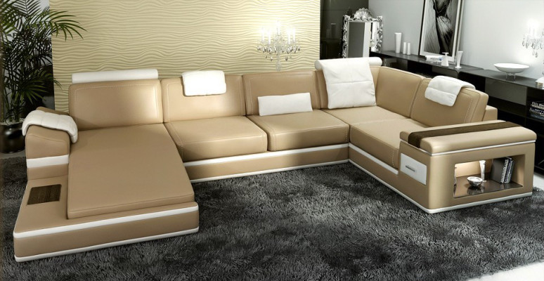 Narożnikowa kanapa Sofa USB + LED Żywy krajobraz U Form Podkładka Couch Sofa skórzana Materiał Skóra