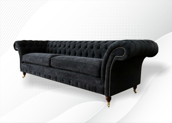 Duża Sofa 4 miejsce do siedzenia Couch Chesterfield Podkładka Ustawić Skórę Włókienniczą Czarny