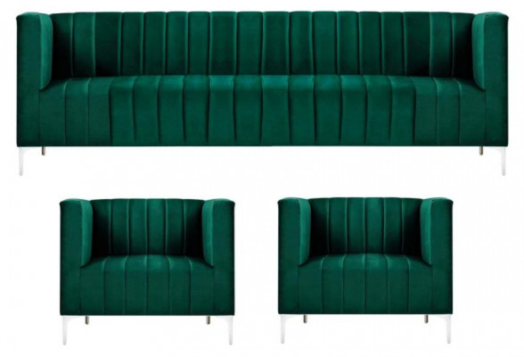 Zestaw sofowy Trzyosobowy Materiał Salon Aksamit Design Zielona Sofa 2 Fotel Grupa