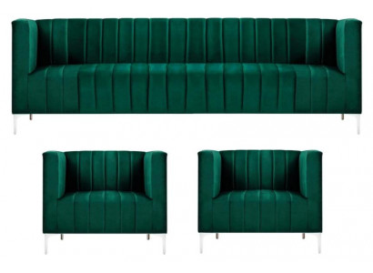 Zestaw sofowy Trzyosobowy Materiał Salon Aksamit Design Zielona Sofa 2 Fotel Grupa