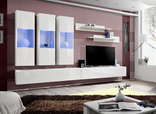 Zasłony RTV do salonu Gablota Jednostka ścienna Drewno Design Biały Nowoczesny Nowy Zestaw 7 sztuk.