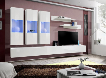 Zasłony RTV do salonu Gablota Jednostka ścienna Drewno Design Biały Nowoczesny Nowy Zestaw 7 sztuk.
