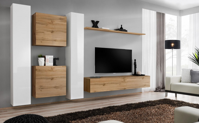Jednostka ścienna Designerskie Meble do Salonu Brązowa Szafka Wisząca Kompletna Nowa Ściana Półka