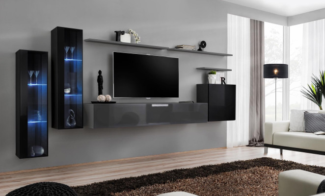 Salon Drewno Kompletny Szary stojak TV Design 3x szafka ścienna Luksusowa jednostka ścienna