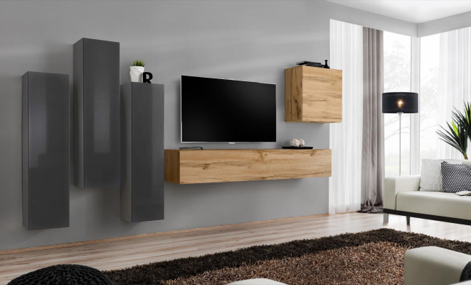 Nowoczesna meblościanka 5 sztuk salon szara Drewno Meble Szafa stojak TV Nowość