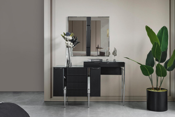 Czarny Zestaw Sypialnia Designerskie Łóżko 2x Szafki nocne Toaletka 5szt