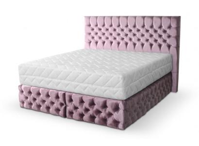 Chesterfield różowa sypialnia z podwójnym łóżkiem, drewniane meble, elegancki materiał tapicerski -