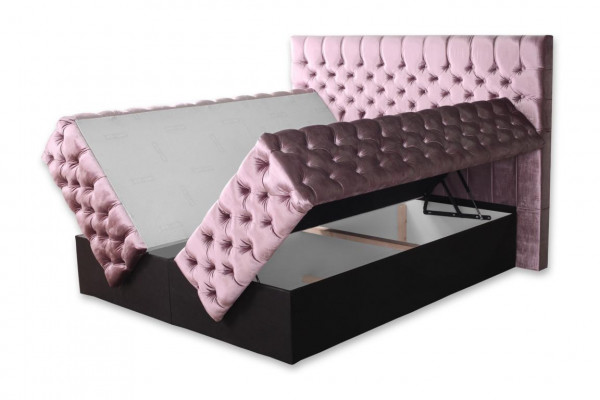 Chesterfield różowa sypialnia z podwójnym łóżkiem, drewniane meble, elegancki materiał tapicerski -