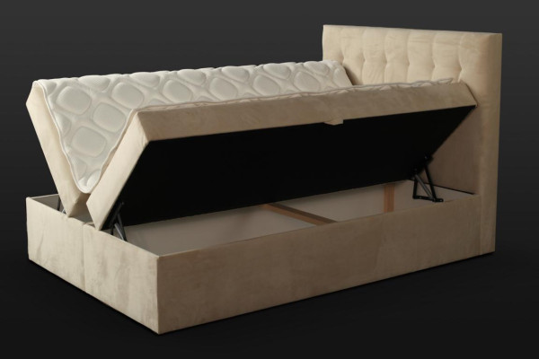 Łóżko Chesterfield beżowe Sypialnia drewniane meble design elegancki materiał obiciowy