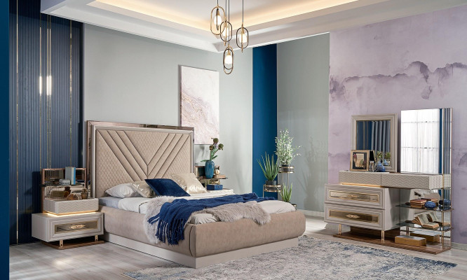 Podwójne łóżko Kompletne Sypialnia Łóżko Beige 4-częściowe Drewno Toaletka