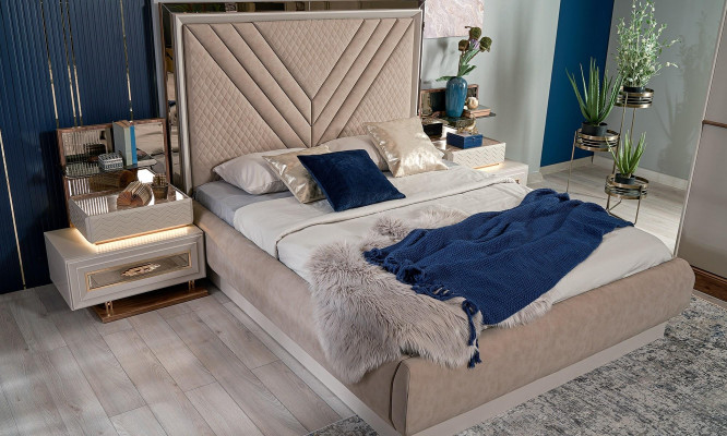Podwójne łóżko Kompletne Sypialnia Łóżko Beige 4-częściowe Drewno Toaletka