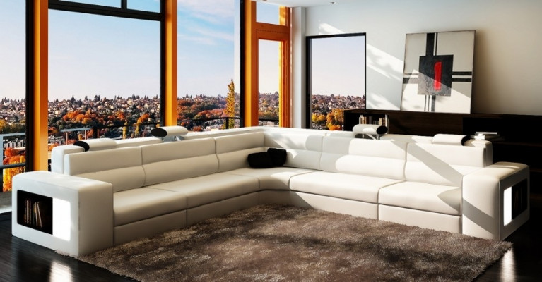 Skórzana sofa sofa z USB, Narożnikowa kanapa Siedziba Podkładka Żywy krajobraz XXL Big Weiden Biały