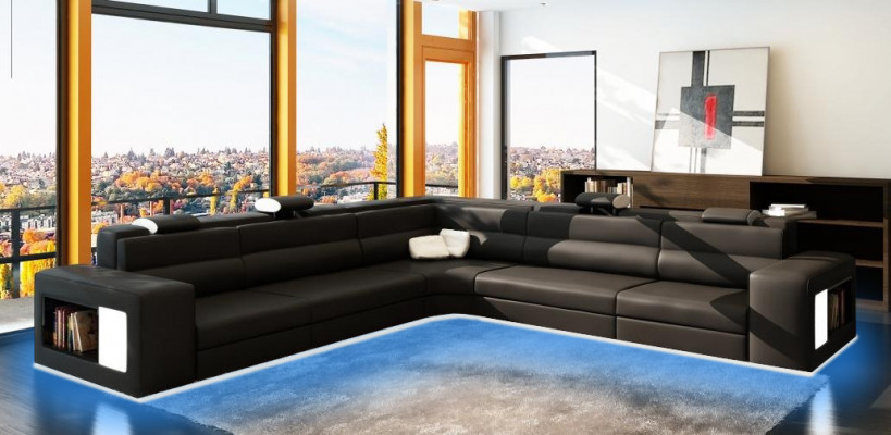 Skórzana sofa sofa z USB, Narożnikowa kanapa Siedziba Podkładka Żywy krajobraz XXL Big Weiden Biały
