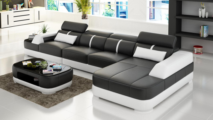 Skóra Couch Podkładka Siedziba Design Modern Narożnik Ustaw Sofa Żywy krajobraz +Tabela