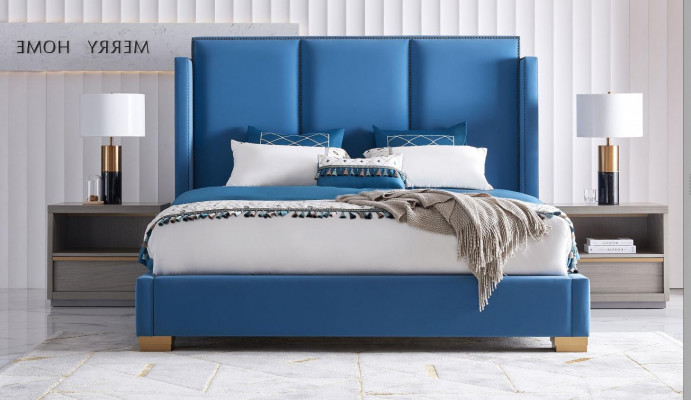 Łóżko Skóra 2x Stolik nocny 3 szt. Sypialnia Zestaw Meble Modern Luxury