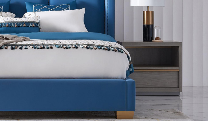 Łóżko Skóra 2x Stolik nocny 3 szt. Sypialnia Zestaw Meble Modern Luxury