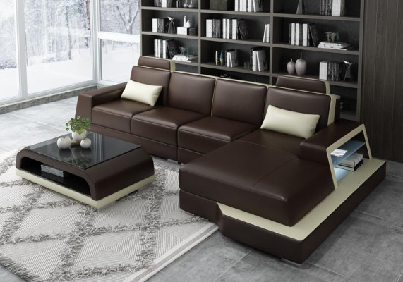 Nowoczesny narożnik Design Sofa Podkładka Narożnik Żywy krajobraz Skóra Włókienniczy Couch LED