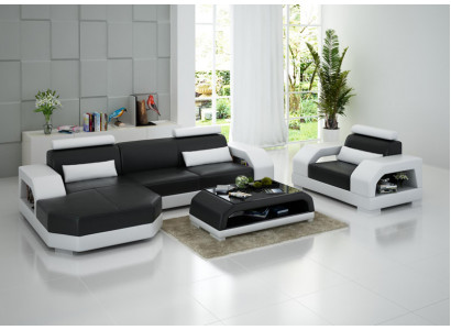 Skórzana sofa kanapa Żywy krajobraz Narożnikowa kanapa + Fotel Ustaw Design Modern LED USB