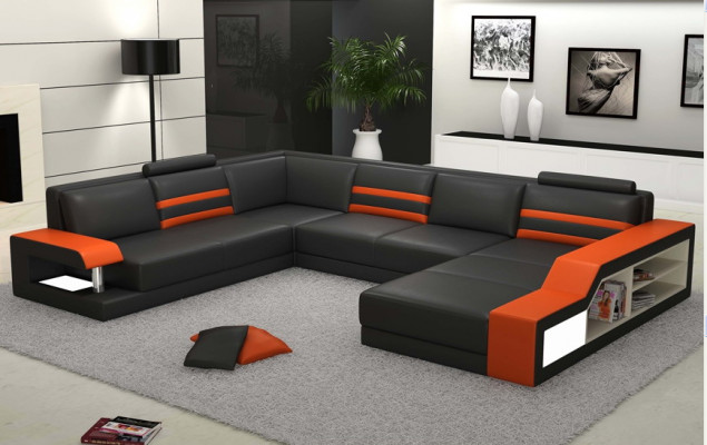 Designerska sofa Narożnikowa kanapa z USB, skórzana sofa Podkładka Siedziba Narożnik Ustawić kanapę LED