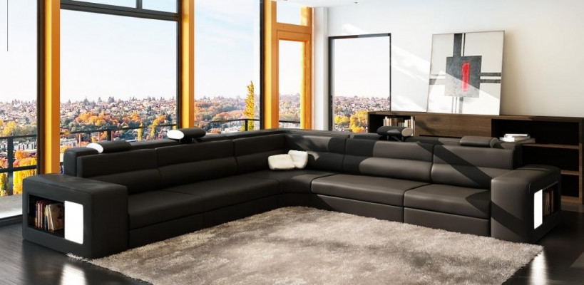 Skórzana sofa sofa z USB Narożnikowa kanapa Siedziba Podkładka Żywy krajobraz XXL Big Weiden Black