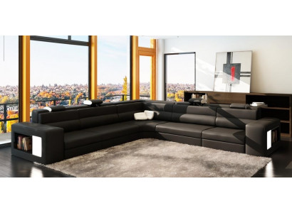 Skórzana sofa sofa z USB Narożnikowa kanapa Siedziba Podkładka Żywy krajobraz XXL Big Weiden Black