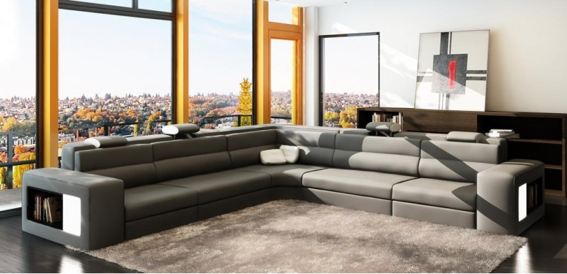 Skórzana sofa sofa z USB Narożnikowa kanapa Siedziba Podkładka Żywy krajobraz XXL Big Weiden Black