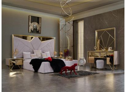 Zestaw do sypialni Łóżko Szafki nocne Toaletka z Lustro w eleganckim włoskim stylu w białym kolorze