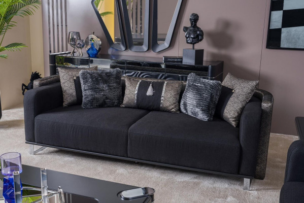 Sofa Trzyosobowa 240cm Czarna Luksusowa Kanapa Sofy Meble Włókiennicze Materiał Aksamit Zestaw 3 szt.